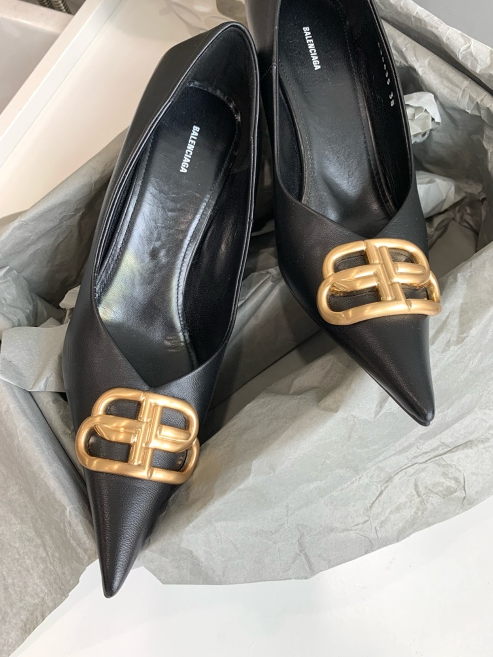 Authentic $1050 BALENCIAGA Black Square Knife BB leather pumps, Size 38. - Picture 3 of 15